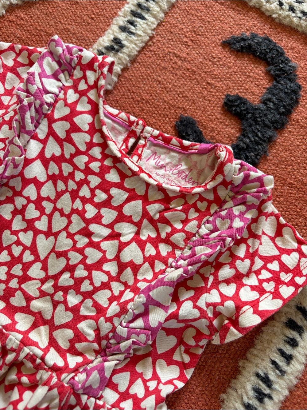 Mini Boden Girls Heart Ruffle Dress - Red & White with Pink Trim